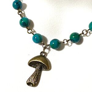 Genuine Teal Chrysocolla Short Necklace, Natural Gemstone & Bronze Slim Mushroom